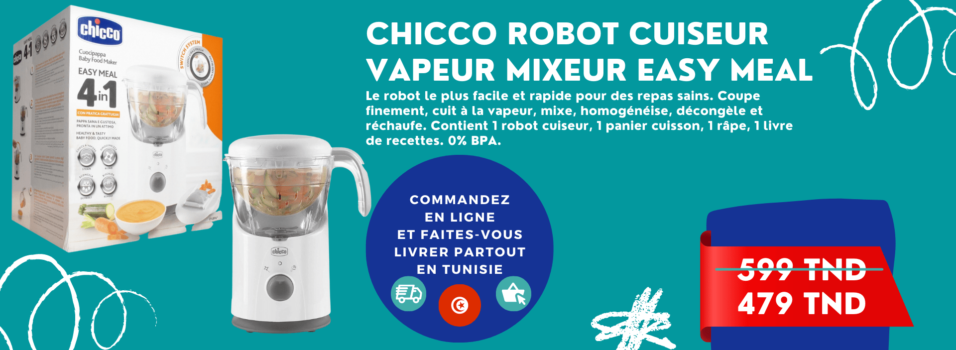 CHICCO Robot cuiseur vapeur mixeur Easy Meal