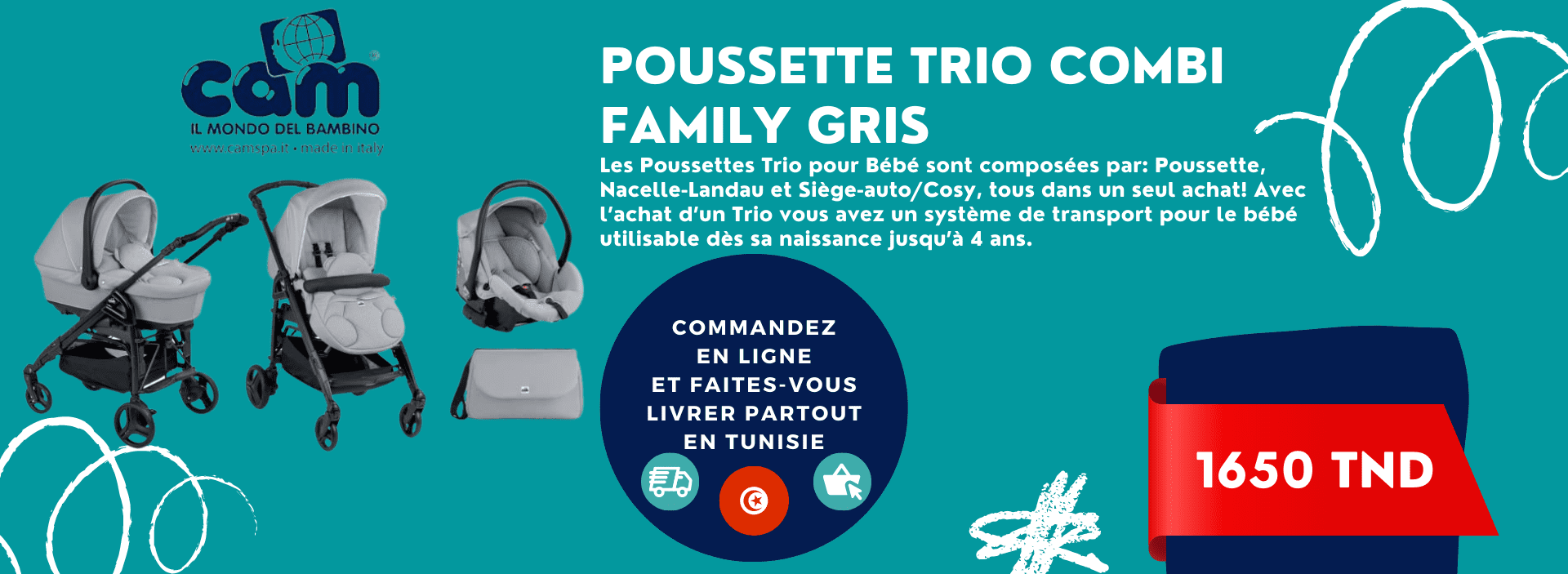 Poussette Trio combi family gris