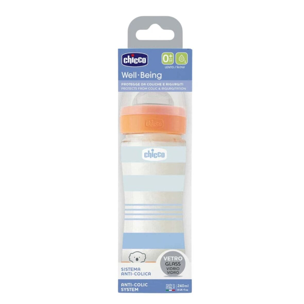 Biberon en verre à débit lent bleu 240 ml -Chicco