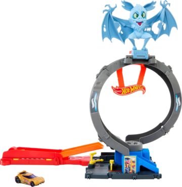 Circuit Hot Wheels City pour voitures miniatures, Bat Loop Attack avec looping ajustable et lanceur