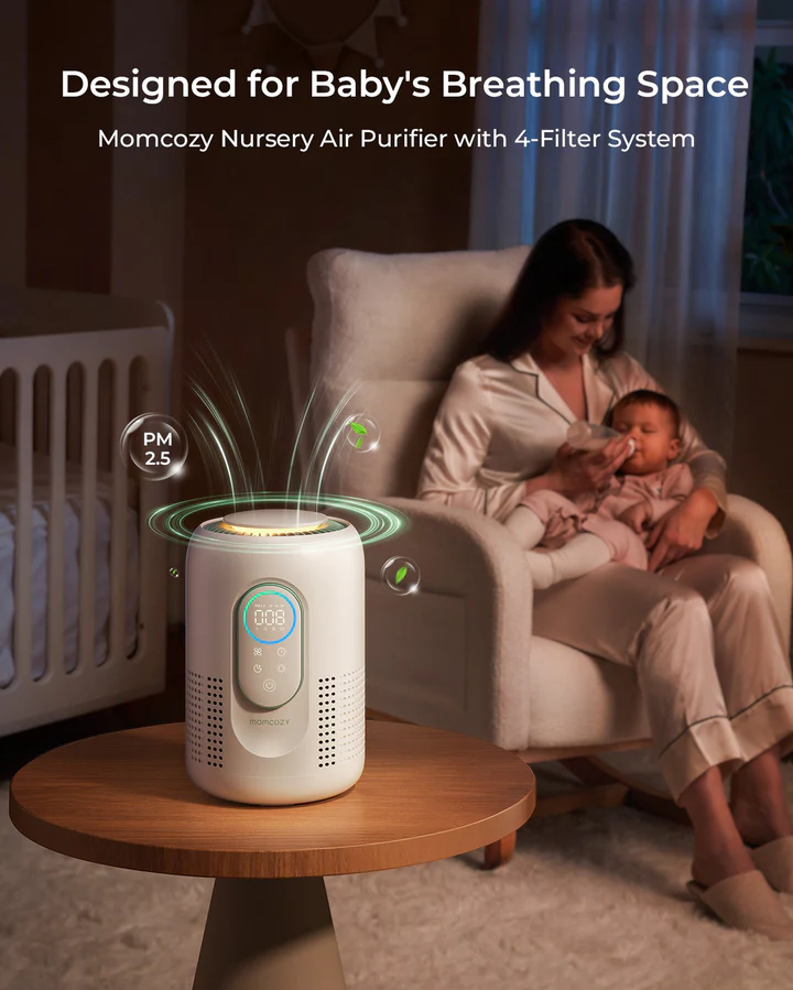 Le purificateur Momcozy aide à réduire les particules invisibles et crée une ambiance douce et apaisante idéale pour le sommeil
