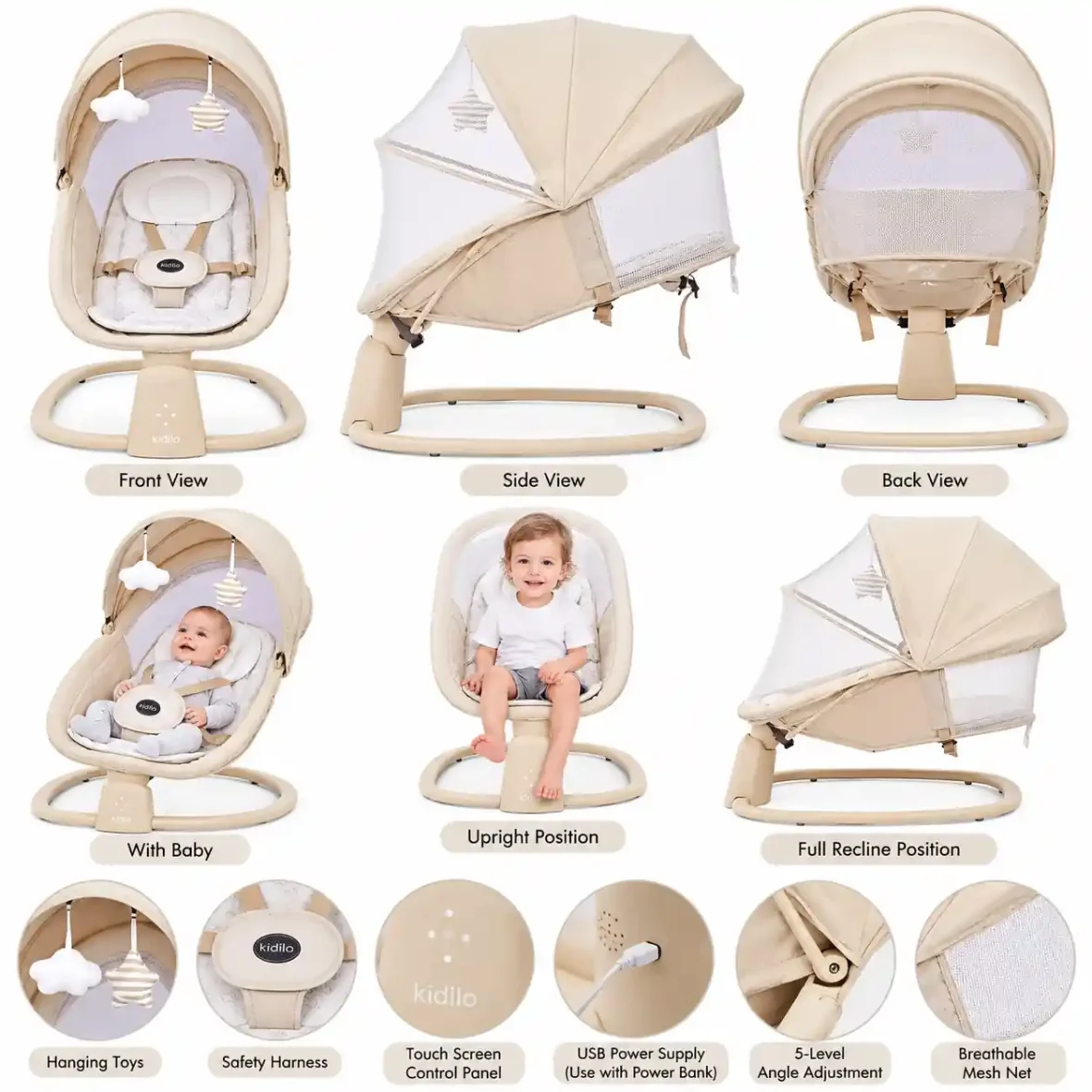 Berceau multifonctionnel et balançoire électrique de luxe 3 en 1 Kidilo