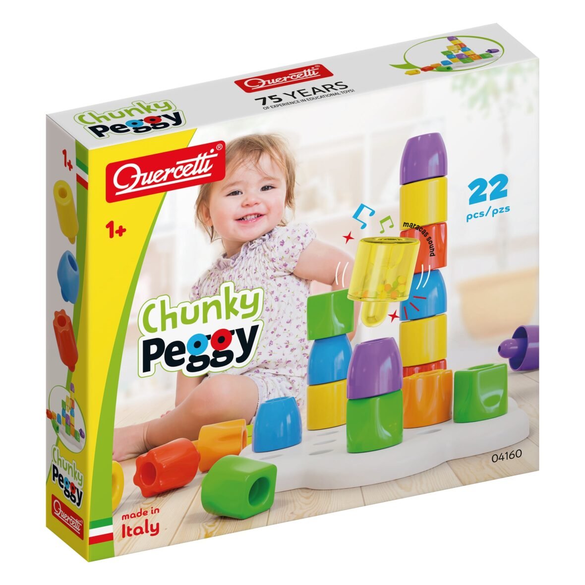 Quercetti Daisy Maxi (Chunky Peggy) – Coffret 21 gros chiodini avec base marguerite et hochet