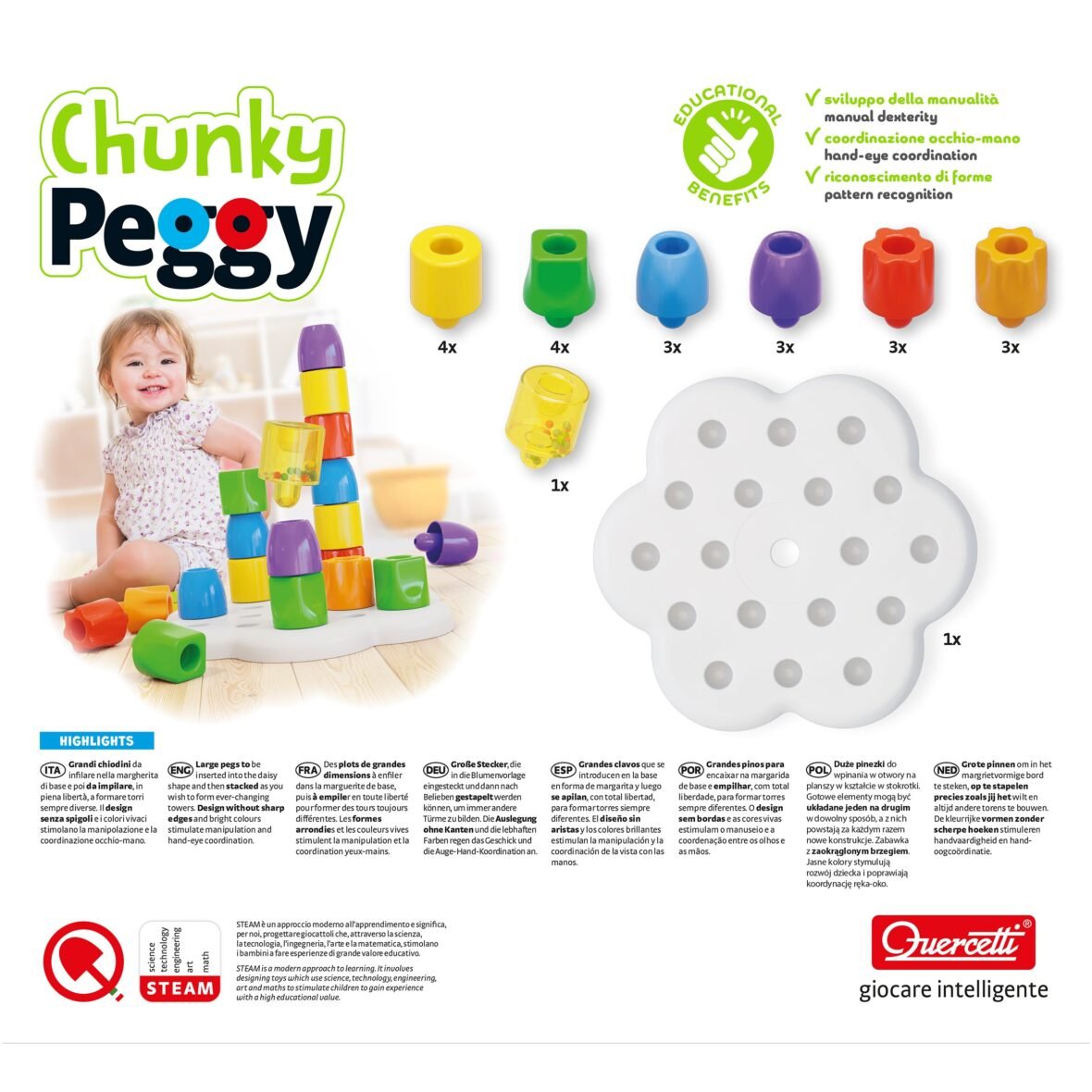 Quercetti Daisy Maxi (Chunky Peggy) – Coffret 21 gros chiodini avec base marguerite et hochet