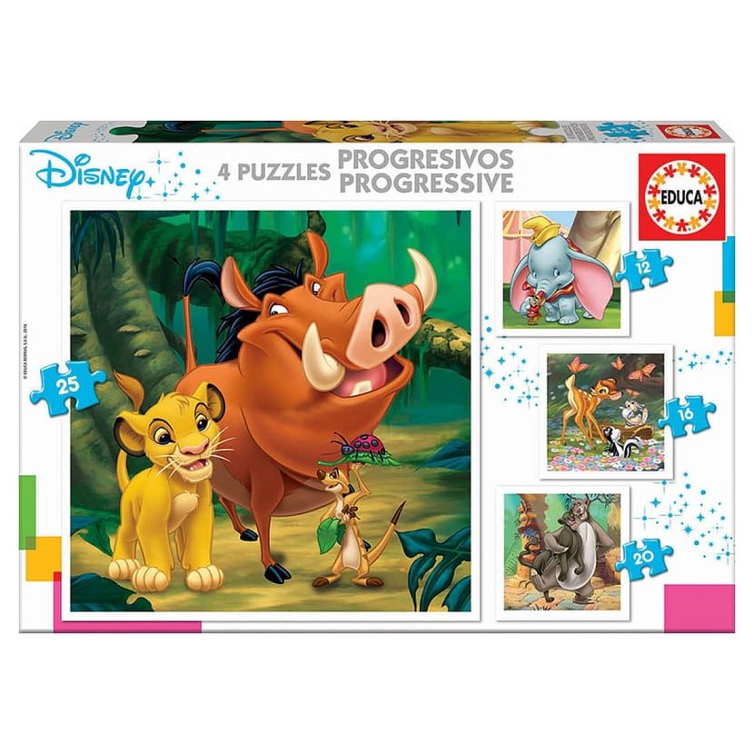 Educa – Animaux Disney – 4 Puzzles Enfant Progressifs 12/16/20/25 pièces (réf. 18104)